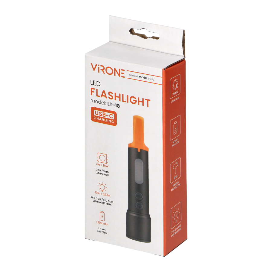 LED SMD flashlight 10W + COB 2W, 350lm, 1200mAh, zoom function, color caps